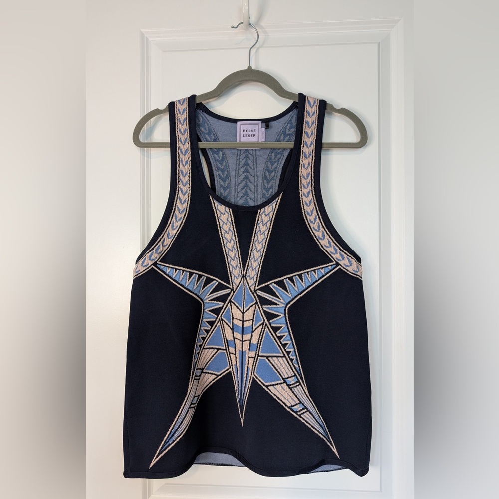 Herve Leger Inna Art Deco Geo Print Sleeveless Racerback Top Sz Small Navy Multi